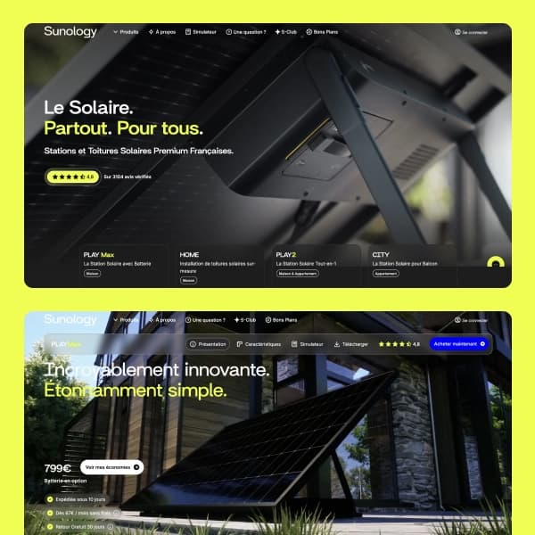 Two screens of the Sunology store: the home page with its solar stations, and the product page of the PLAY Max station